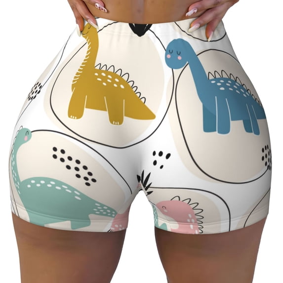 KLL Cute Dinosaurs Pattern Workout Shorts for Women Scrunch Short Gym Yoga Running Sport Active Exercise Fitness Shorts