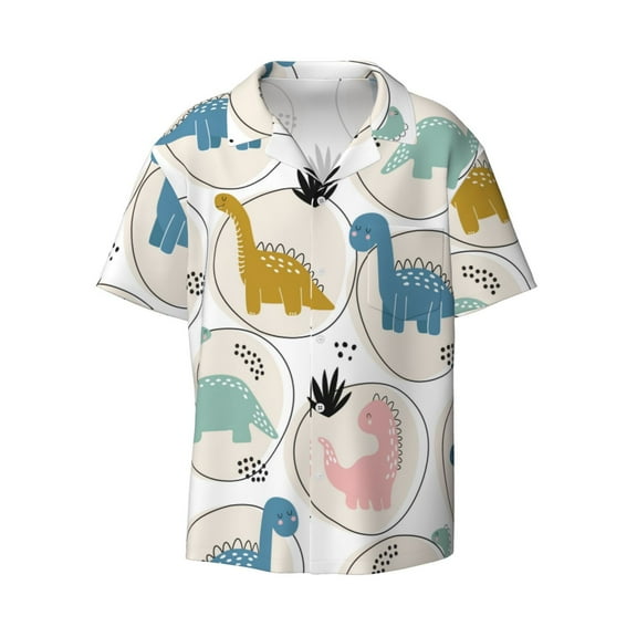 KLL Cute Dinosaurs Print Men's Shirt Short Sleeve Button Down Summer Cuba Beach Shirts- 4X-Large