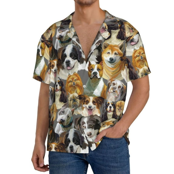 KLL Cute Dog Print Men's Shirt Short Sleeve Button Down Summer Cuba Beach Shirts- 4X-Large