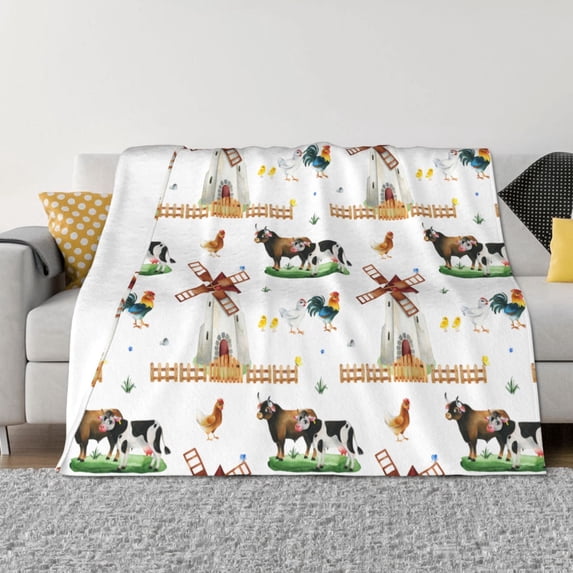 KLL Cute Farm Print Fleece Throw Blanket, Horizontal Fleece Bedding Cute Soft Blankets Comfy Fleece Flannel Plush Home Decor for Couch & Bed -60"x50"
