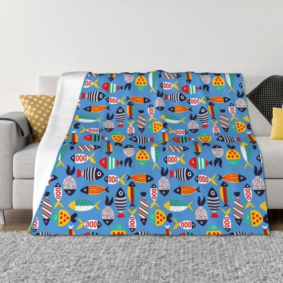 KLL Cute Flat Fish Print Fleece Throw Blanket, Horizontal Fleece Bedding Cute Soft Blankets Comfy Fleece Flannel Plush Home Decor for Couch & Bed -60"x50"