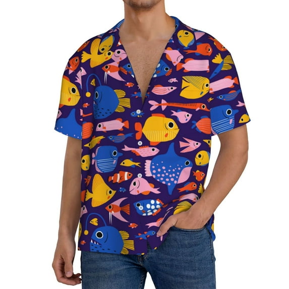 KLL Cute Flat Hand Drawn Fishes Print Men's Shirt Short Sleeve Button Down Summer Cuba Beach Shirts- Small