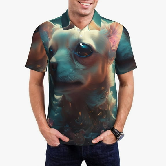 KLL Cute Flower Chihuahua Puppy Print Men's Short Sleeve Golf Polo,Three-Button Polo Shirts Summer Fashion Golf Shirt-3X-Large