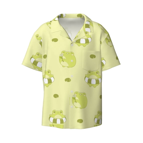 KLL Cute Frog3 Print Men's Shirt Short Sleeve Button Down Summer Cuba Beach Shirts- Small