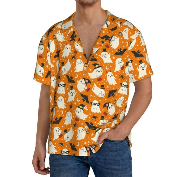 KLL Cute Ghosts Print Men's Shirt Short Sleeve Button Down Summer Cuba Beach Shirts- Medium