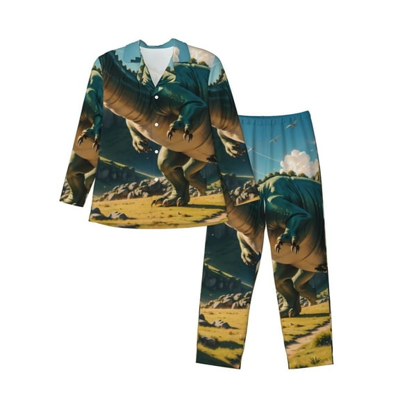 KLL Cute Green Dinosaur Blue Sky Sleepwear Mens Flannel Pajamas,Long Cotton Pj Set