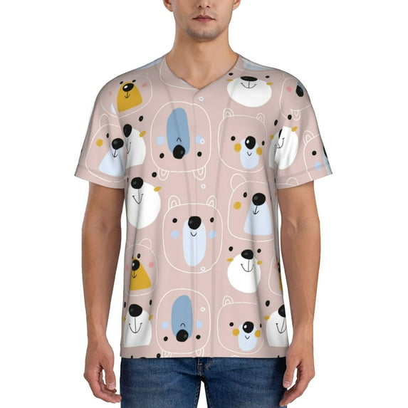 KLL Cute Hand Drawn Bear for Men's Baseball Shirts,Short Sleeve Casual Shirts Button Down Shirt for Men Beach Summer Wedding Shirt-Large