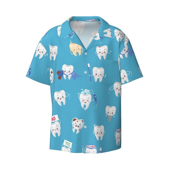 KLL Cute Healthy Teeth Print Men's Shirt Short Sleeve Button Down Summer Cuba Beach Shirts- X-Large