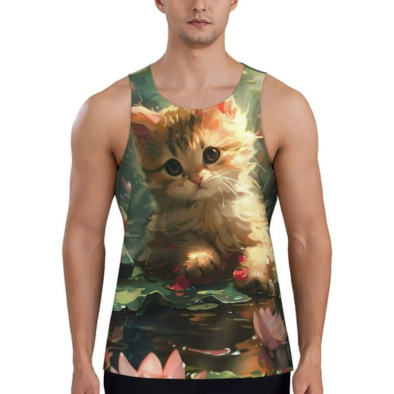 KLL Cute Kitten Water Lilies Print Men's Muscle Gym Workout Stringer Tank Tops Bodybuilding Fitness T-Shirts Tank Tops Men-Medium