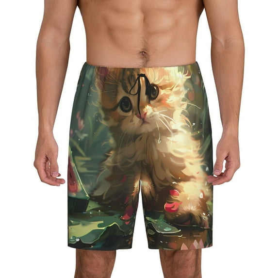 KLL Cute Kitten Water Lilies for Men's 1-Pack Shorts,Sleep Pajama Shorts for Men Soft Pj Shorts Men's Pajama Bottoms Sleepwear -Small