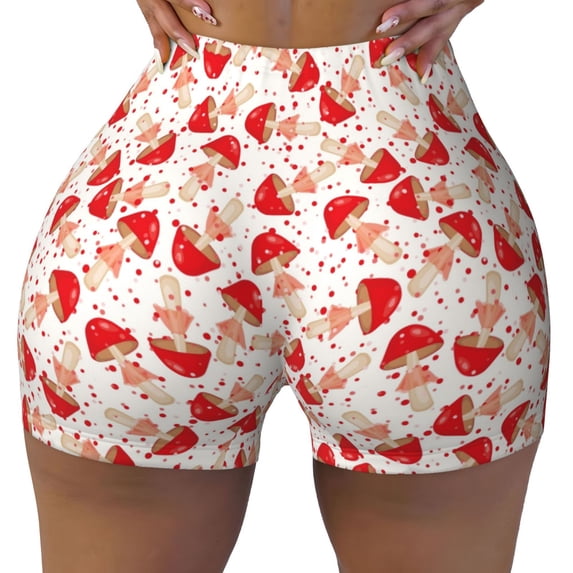 KLL Cute Mushroom Pattern Workout Shorts for Women Scrunch Short Gym Yoga Running Sport Active Exercise Fitness Shorts
