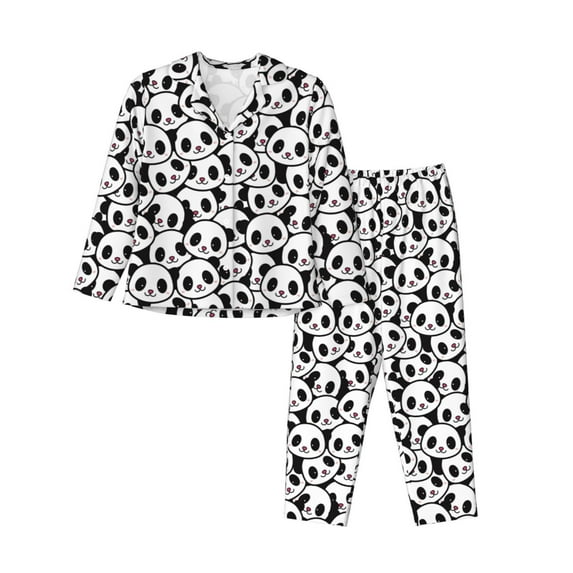 KLL Cute Panda Print Women's Long Sleeve Pajamas with Pants Sleepwear Loungewear 2 Set-XX-Large