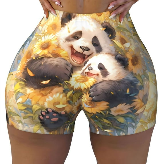 KLL Cute Panda Sunflower Pattern Workout Shorts for Women Scrunch Short Gym Yoga Running Sport Active Exercise Fitness Shorts