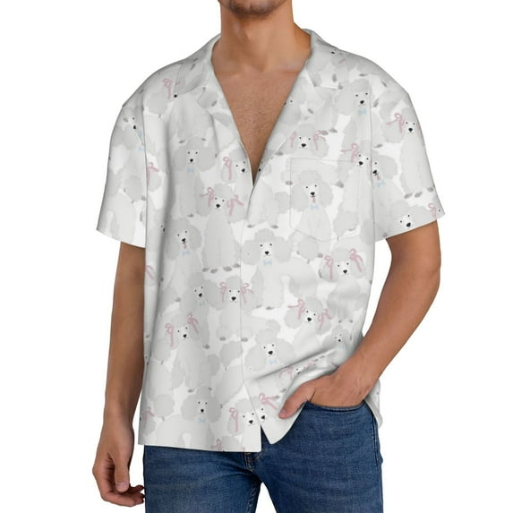 KLL Cute Poodle Dog Print Men's Shirt Short Sleeve Button Down Summer Cuba Beach Shirts- X-Large