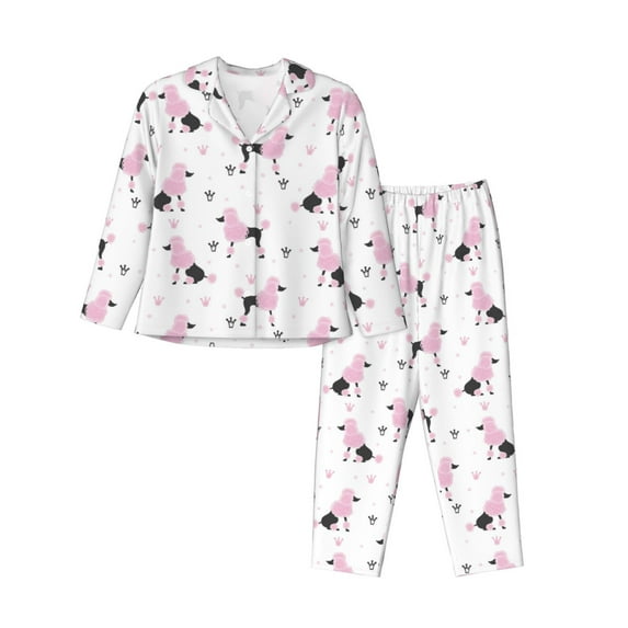 KLL Cute Poodle Dog Print Women's Long Sleeve Pajamas with Pants Sleepwear Loungewear 2 Set-XX-Large