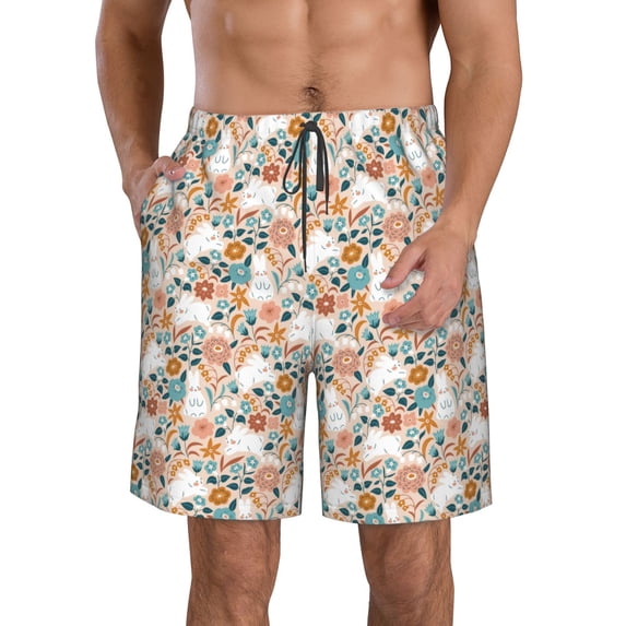 KLL Cute Rabbit Floral Men's Casual Summer Beach Shorts Hawaiian Shorts with Pockets-X-Large