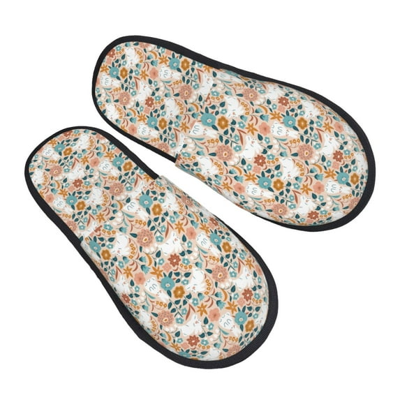 KLL Cute Rabbit Floral Slippers for Women Men House Slip on Indoor Outdoor Bedroom Furry Fleece Lined Ladies Comfy Anti-Skid Rubber Hard Sole-Medium