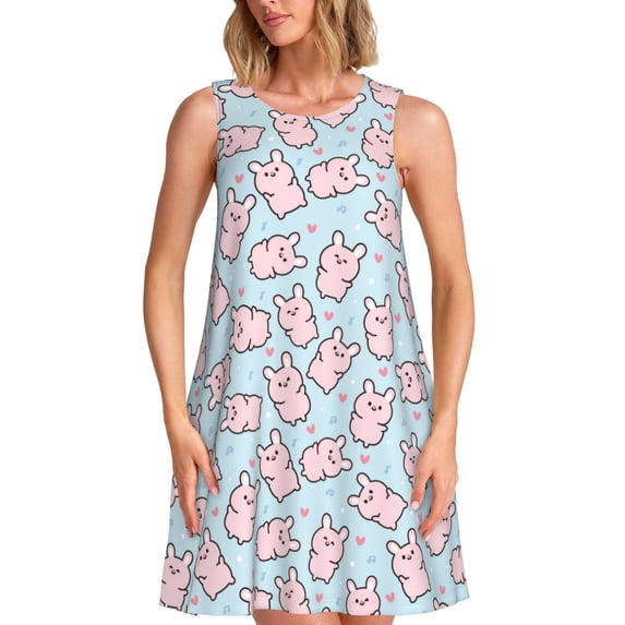 KLL Cute Rabbit Pattern Womens Summer Dresses 2025,Loose Round Neck Sleeveless Sundresses Tank Dresses with Pockets