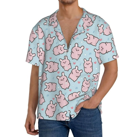 KLL Cute Rabbit Print Men's Shirt Short Sleeve Button Down Summer Cuba Beach Shirts- Small
