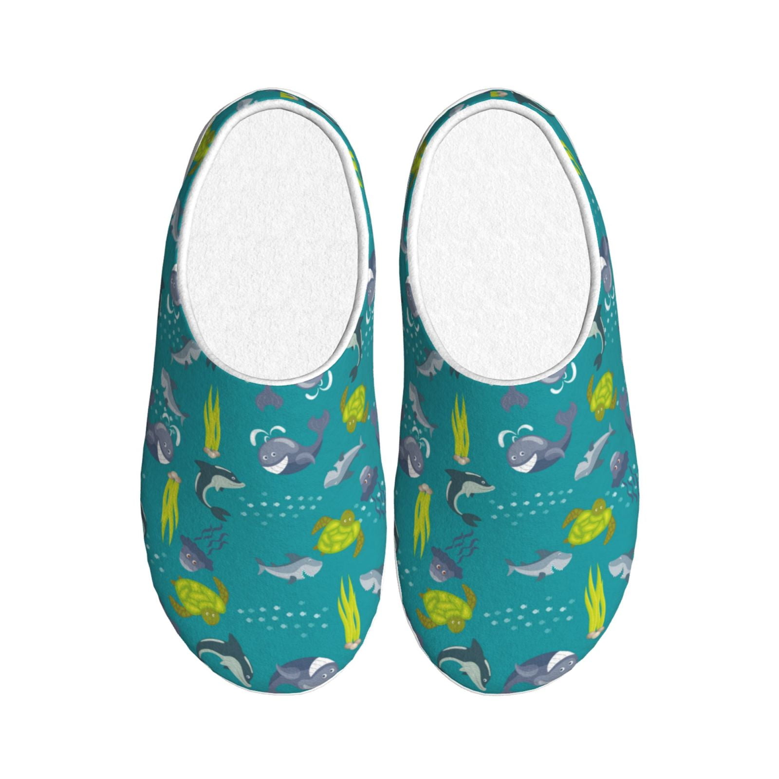 KLL Cute Shark Turtle Pattern Adult Unisex Cozy Slippers,Fuzzy Slip-on ...