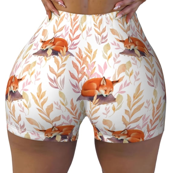 KLL Cute Sleepy Fox Pattern Workout Shorts for Women Scrunch Short Gym Yoga Running Sport Active Exercise Fitness Shorts