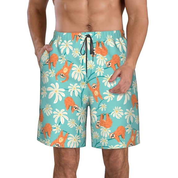 KLL Cute Sloth on Floral Tree Men's Casual Summer Beach Shorts Hawaiian Shorts with Pockets-XX-Large