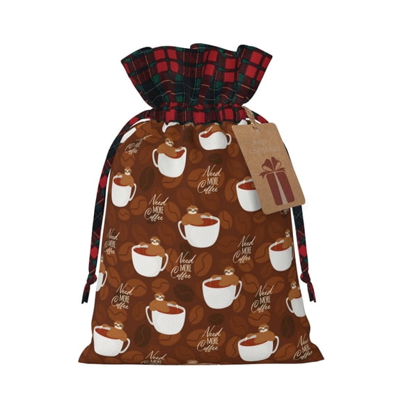 KLL Cute Sloths Bear Relaxing In Coffee Cup for Christmas Gift Bag,Christmas Burlap Goody Gift Bags with Plaid Drawstrings for Xmas Presents Holiday Party Favor Treats Candy-Black