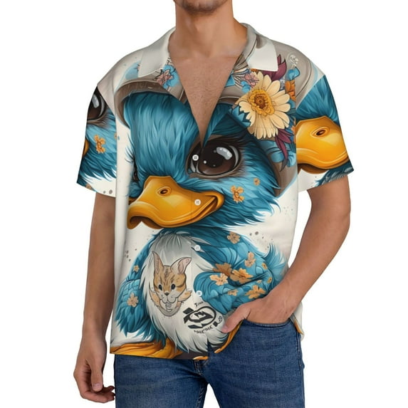 KLL Cute Sunflower Blue Duck Print Men's Shirt Short Sleeve Button Down Summer Cuba Beach Shirts- 4X-Large