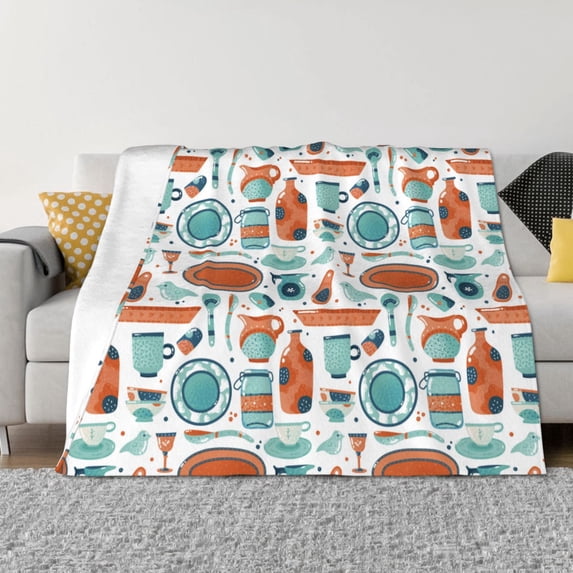 KLL Cute Tableware Print Fleece Throw Blanket, Horizontal Fleece Bedding Cute Soft Blankets Comfy Fleece Flannel Plush Home Decor for Couch & Bed -50"x40"