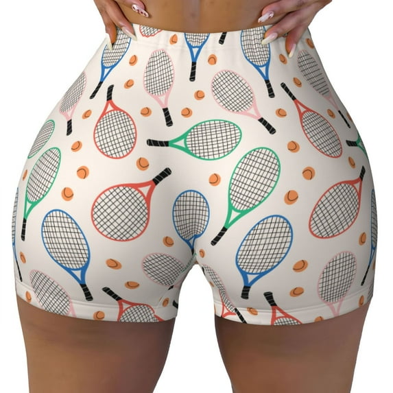 KLL Cute Tennis Racket Pattern Workout Shorts for Women Scrunch Short Gym Yoga Running Sport Active Exercise Fitness Shorts