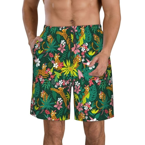 KLL Cute Tribal Leopards Men's Casual Summer Beach Shorts Hawaiian Shorts with Pockets-X-Large