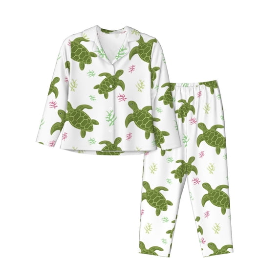 KLL Cute Turtle Print Women's Long Sleeve Pajamas with Pants Sleepwear Loungewear 2 Set-Large