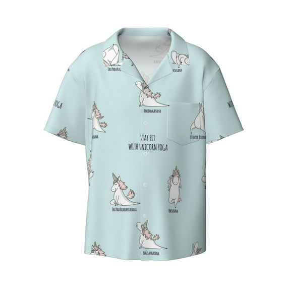 KLL Cute Unicorn Doing Yoga Pose Print Men's Shirt Short Sleeve Button Down Summer Cuba Beach Shirts- XX-Large