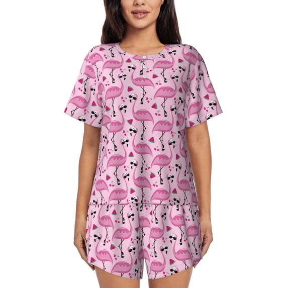 KLL Cute Watermelon Flamingo Print Pajama Set for Women Short Sleeve Sleepwear Pjs Soft 2 Piece Lounge Sleepwear Sets-X-Large