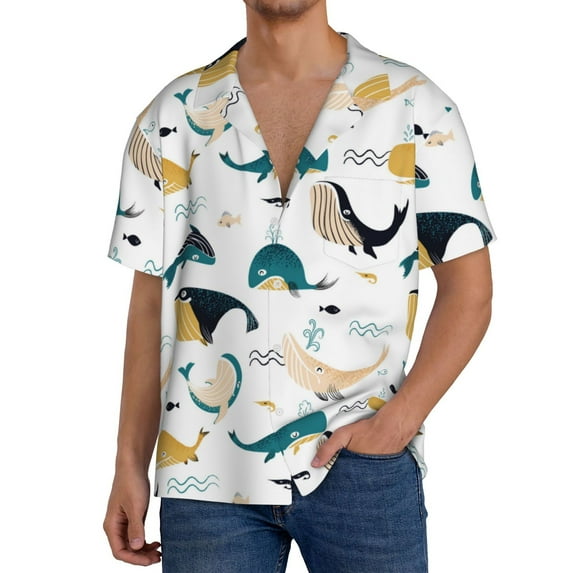 KLL Cute Whale Print Men's Shirt Short Sleeve Button Down Summer Cuba Beach Shirts- Small
