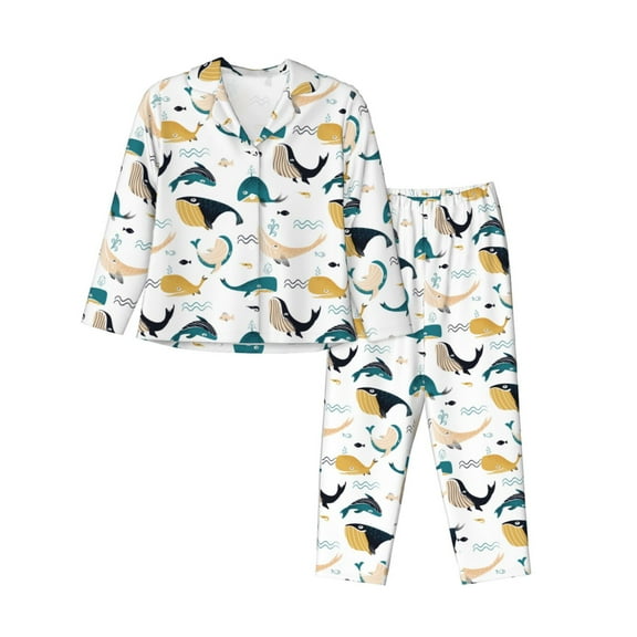 KLL Cute Whale Print Women's Long Sleeve Pajamas with Pants Sleepwear Loungewear 2 Set-Small