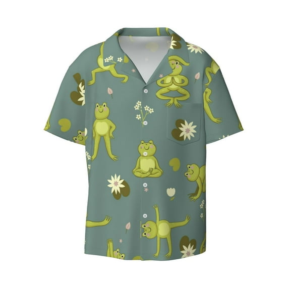 KLL Cute Yoga Frogs Print Men's Shirt Short Sleeve Button Down Summer Cuba Beach Shirts- Large