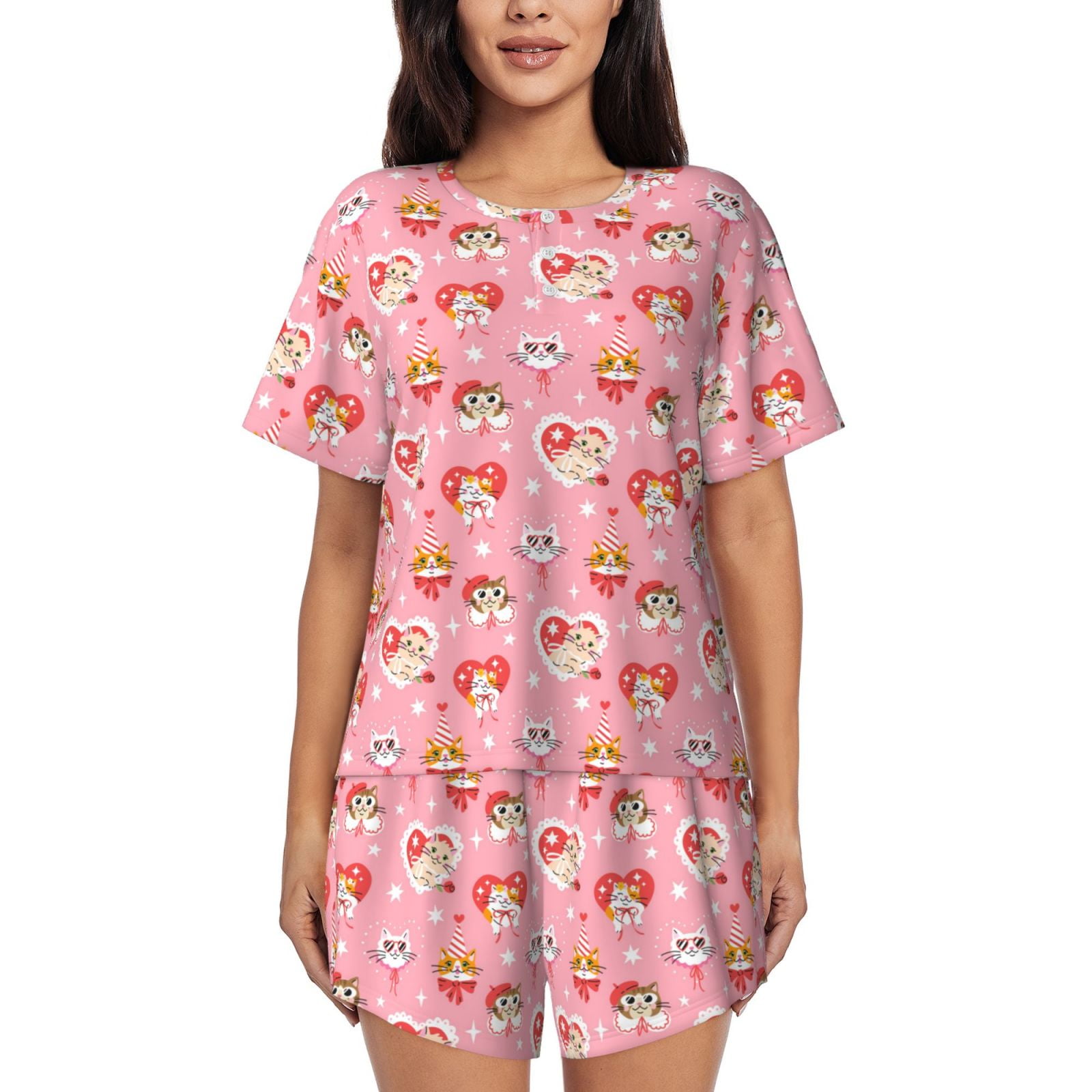 2-Piece Regular Fit Cat Print Cotton Knit Pajama Set
