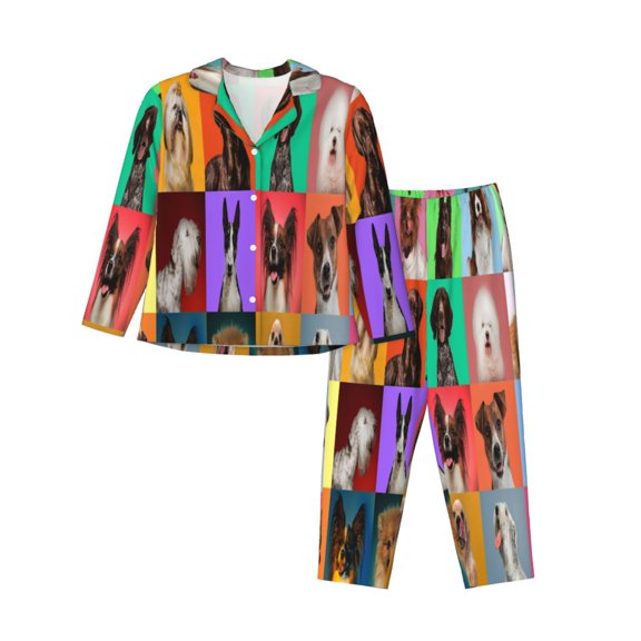 KLL Cute doggies Print Women's Long Sleeve Pajamas with Pants Sleepwear Loungewear 2 Set-Medium