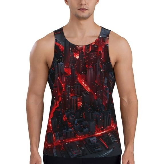 KLL Cyberpunk Cityscape Lights Print Men's Muscle Gym Workout Stringer Tank Tops Bodybuilding Fitness T-Shirts Tank Tops Men-4X-Large