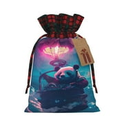 KLL DJ Panda Hot Air Balloon for Christmas Gift Bag,Christmas Burlap Goody Gift Bags with Plaid Drawstrings for Xmas Presents Holiday Party Favor Treats Candy-Black