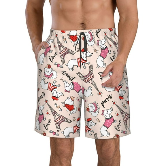 KLL Dachshund And Eiffel Tower Men's Casual Summer Beach Shorts Hawaiian Shorts with Pockets-Medium