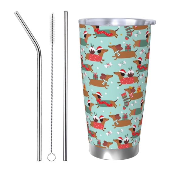 KLL Dachshund Christmas Play Print 40oz Stainless Steel Insulated Car Cup with Spillproof Lid - Keep Your Drink Hot or Cold on the Go-Straw Three-piece Set