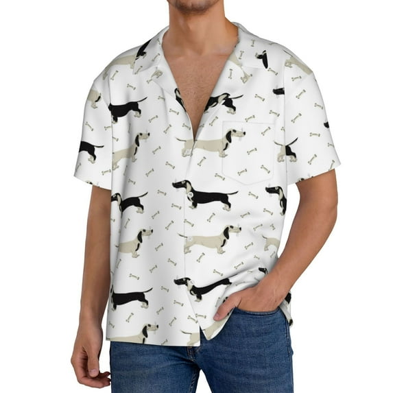 KLL Dachshund Dog Print Men's Shirt Short Sleeve Button Down Summer Cuba Beach Shirts- Large