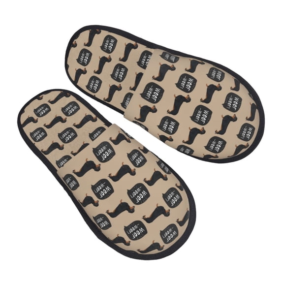 KLL Dachshund Dog Woof Slippers for Women Men House Slip on Indoor Outdoor Bedroom Furry Fleece Lined Ladies Comfy Anti-Skid Rubber Hard Sole-Medium