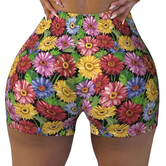 KLL Daisies Flowers Pattern Workout Shorts for Women Scrunch Short Gym Yoga Running Sport Active Exercise Fitness Shorts