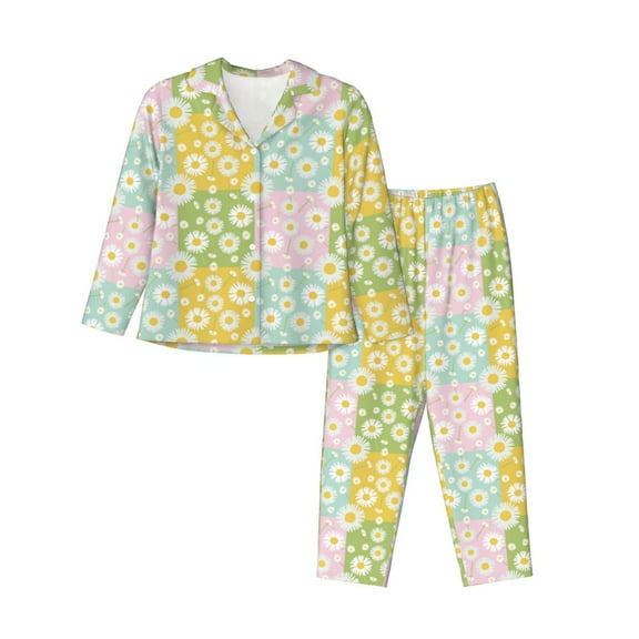 KLL Daisies Flowers Print Women's Long Sleeve Pajamas with Pants Sleepwear Loungewear 2 Set-Medium