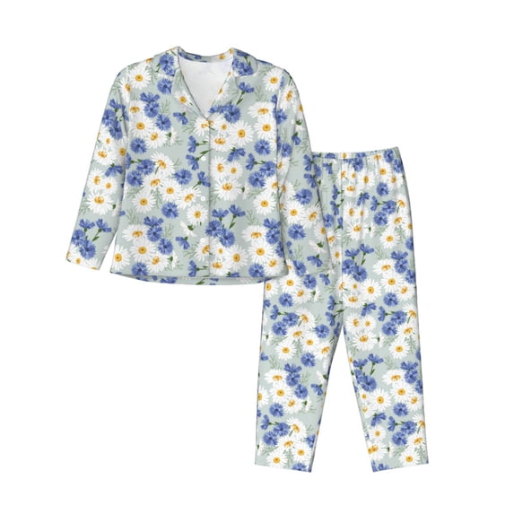KLL Daisies Flowers Print Women's Long Sleeve Pajamas with Pants Sleepwear Loungewear 2 Set-Small