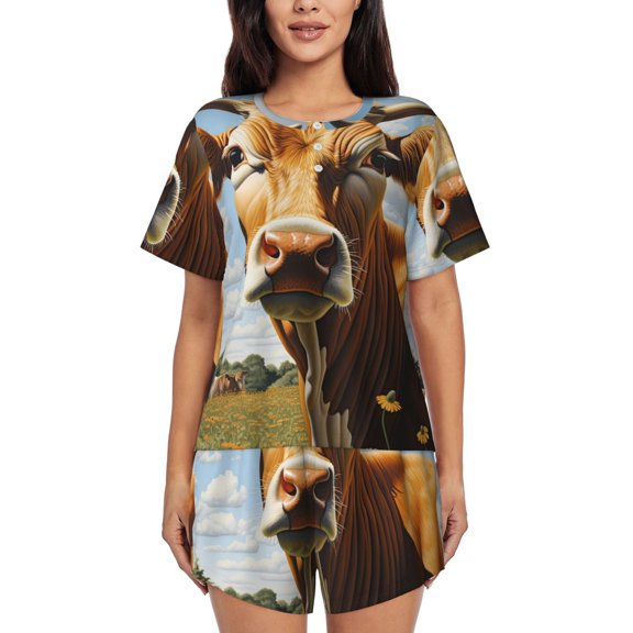 KLL Daisy Flower Field Cow Print Pajama Set for Women Short Sleeve Sleepwear Pjs Soft 2 Piece Lounge Sleepwear Sets-Medium