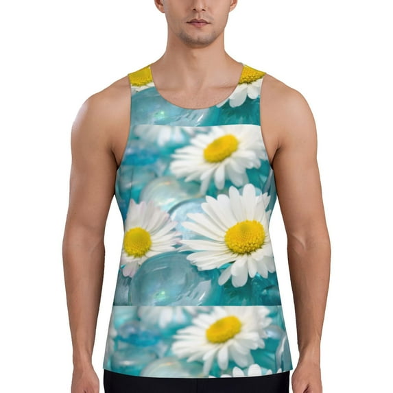 KLL Daisy Flowers Print Men's Muscle Gym Workout Stringer Tank Tops Bodybuilding Fitness T-Shirts Tank Tops Men-X-Large